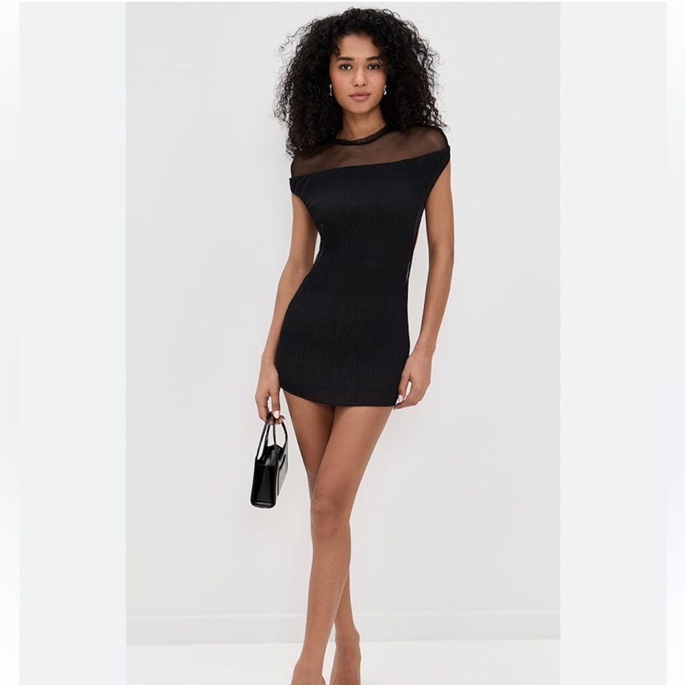 NWT LIONESS OPEN BACK BLACK RIBBED CAP SLEEVE MINI DRESS SHEER MEDIUM ONYX